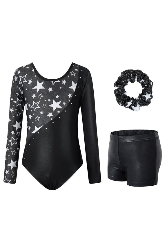 Gymnastics Leotards for Girls,Long Sleeve Rhinestone Kids Dance Unitards Biketards with Tumbling Dance Shorts