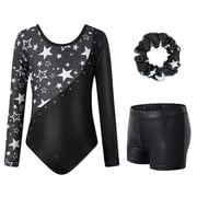 3 Pcs Set Gymnastics Leotards for Girls,Long Sleeve Rhinestone Kids Dance Unitards Biketards with Tumbling Dance Shorts
