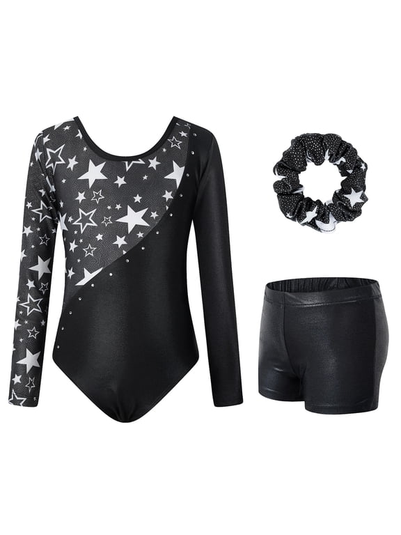 3 Pcs Set Gymnastics Leotards for Girls,Long Sleeve Rhinestone Kids Dance Unitards Biketards with Tumbling Dance Shorts
