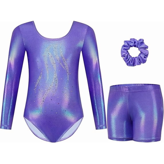 Gymnastics Leotards for Girls, Long Sleeve Sparkly Rhinestone Dance Unitards Biketards with Shorts for 5-10 Years