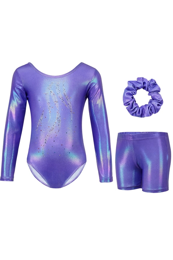 Gymnastics Leotards for Girls,Long Sleeve Rhinestone Kids Dance Unitards Biketards with Tumbling Dance Shorts