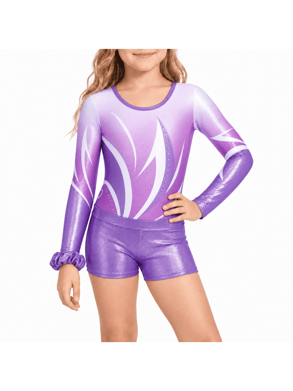 Gymnastics Leotards for Girls, Long Sleeve Sparkly Dancewear with Shorts Ballet Tumbling Outfit for 5-10 Years
