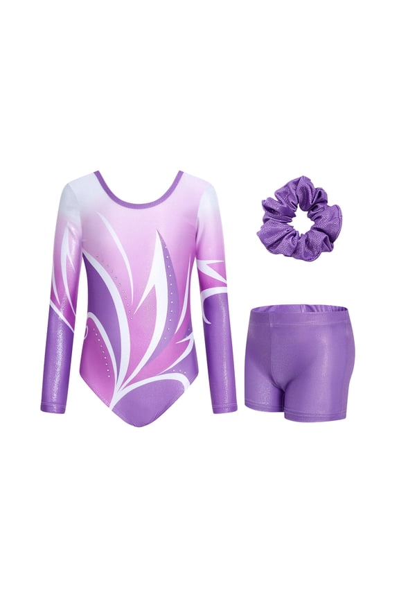 Gymnastics Leotards for Girls, Long Sleeve Sparkly Dancewear with Shorts Ballet Tumbling Outfit for 3-12 Years