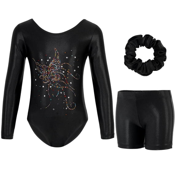 Gymnastics Leotards for Girls Long Sleeve Sparkly Rhinestone Dance Unitards Biketards with Shorts for 3-12 Years