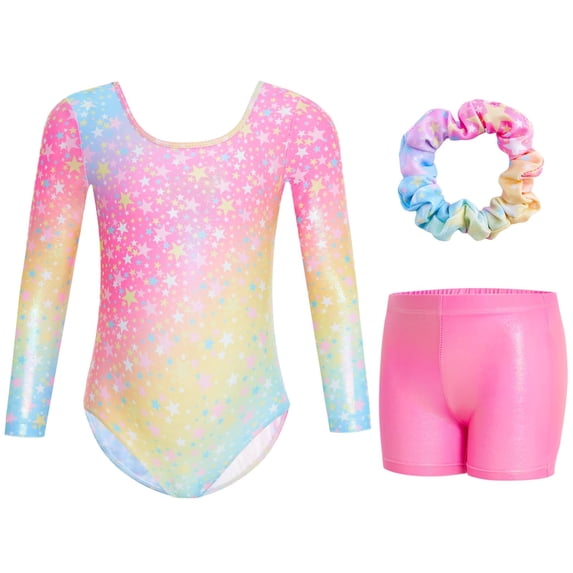 Gymnastics Leotards for Girls Long Sleeve Sparkly Rhinestone Dance Unitards Biketards with Shorts for 3-12 Years