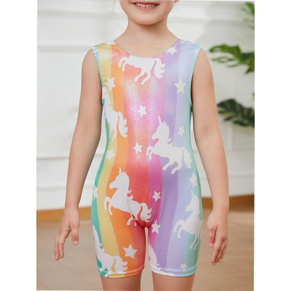 Gymnastics Leotards for Girls Rainbow Unicorn Toddlers Kids Tumbling Outfit Dance Unitard Biketards with Shorts