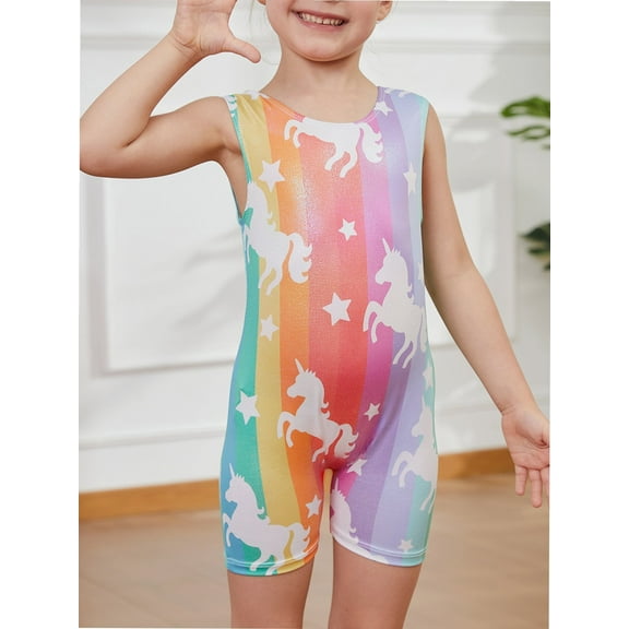 Gymnastics Leotards for Girls Rainbow Unicorn Toddlers Kids Tumbling Outfit Dance Unitard Biketards with Shorts