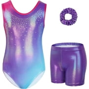Gymnastics Leotards For Girls, Design-Inspired Sleeveless Style Rhinestone Kids Dance Ballet Outfit With Shorts And Hair Scrunchie