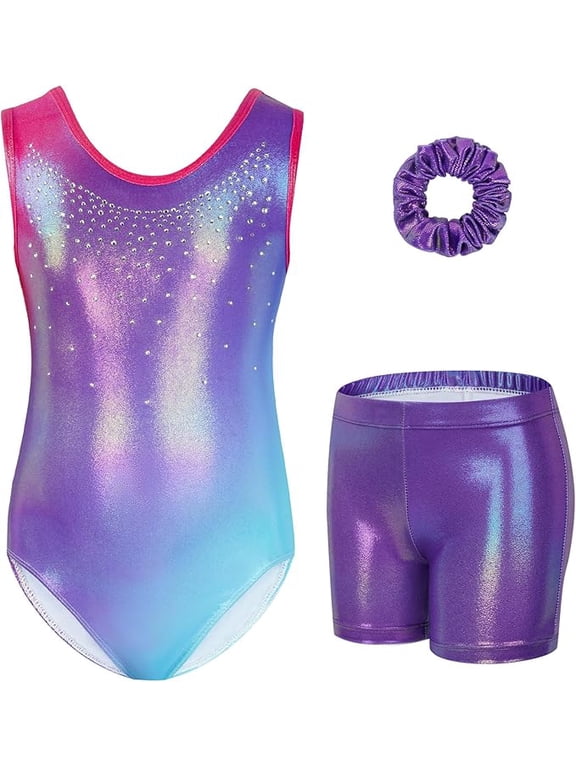 Gymnastics Leotards For Girls, Design-Inspired Sleeveless Style Rhinestone Kids Dance Ballet Outfit With Shorts And Hair Scrunchie