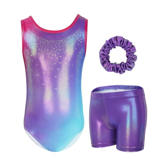 Gymnastics Leotards for Girls,Sleeveless Rhinestone Kids Dance Unitards Biketards with Shorts and Hair Scrunchie
