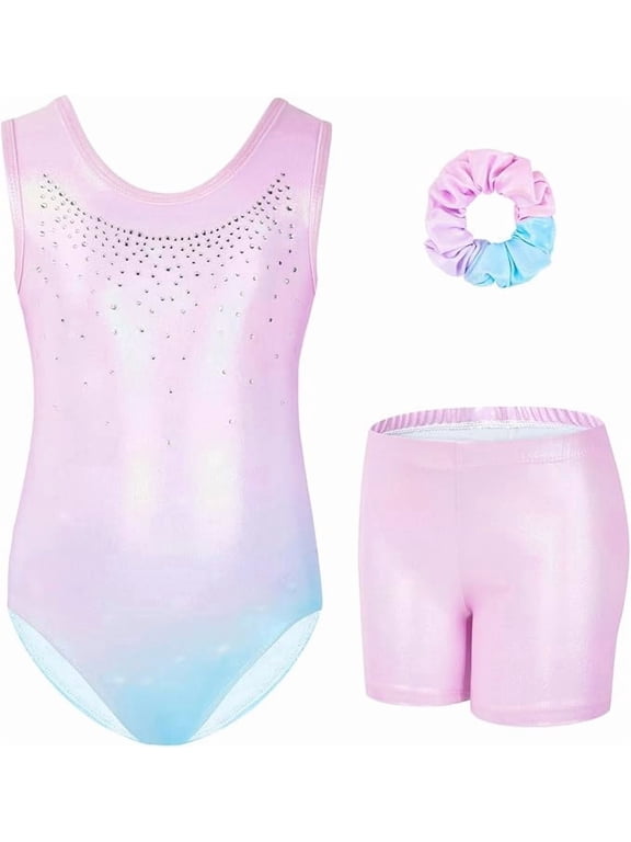 Gymnastics Leotards For Girls, Design-Inspired Sleeveless Style Rhinestone Kids Dance Ballet Outfit With Shorts And Hair Scrunchie