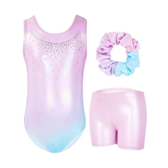 Gymnastics Leotards for Girls,Sleeveless Rhinestone Kids Dance Unitards Biketards with Shorts and Hair Scrunchie