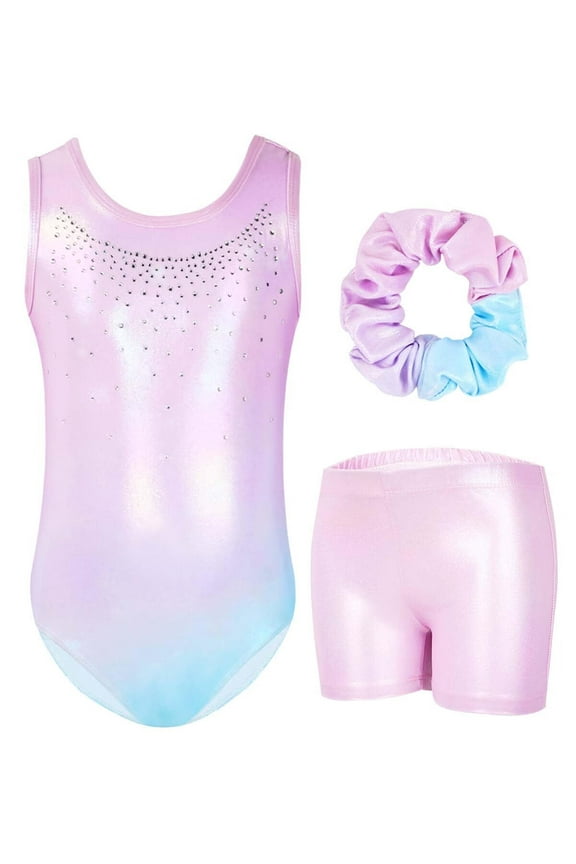 Gymnastics Leotards for Girls,Sleeveless Rhinestone Kids Dance Unitards Biketards with Shorts and Hair Scrunchie