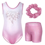 Gymnastics Leotards for Girls,Sleeveless Rhinestone Kids Dance Unitards Biketards with Shorts and Hair Scrunchie