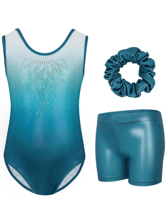 Gymnastics Leotards for Girls,Sleeveless Rhinestone Kids Dance Unitards Biketards with Shorts and Hair Scrunchie