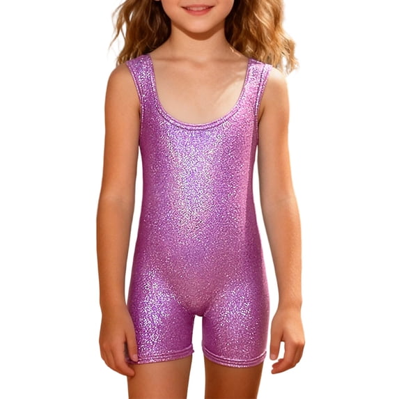Gymnastics Leotards for Girls Sparkly One-Piece Pro Kids Sleeveless Unitard Biketards Hot Pink