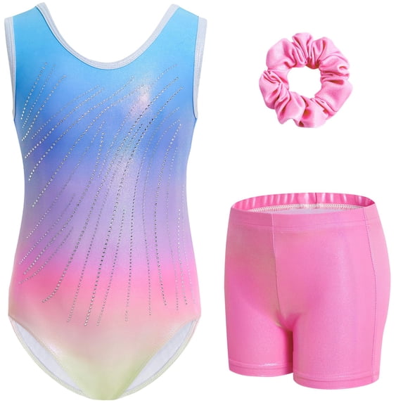 Gymnastics Leotards for Girls, Sleeveless Sparkly Dance gymnastics Outfit with Shorts Ballet Leotards for 5-10 Years