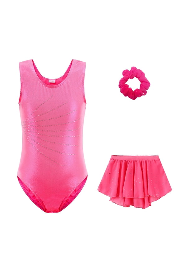 Gymnastics Leotards for Girls Sparkly Sleeveless Clasp Back Dance Leotard Unitards with Tumbling Shorts Pink 5 Y-5 Y