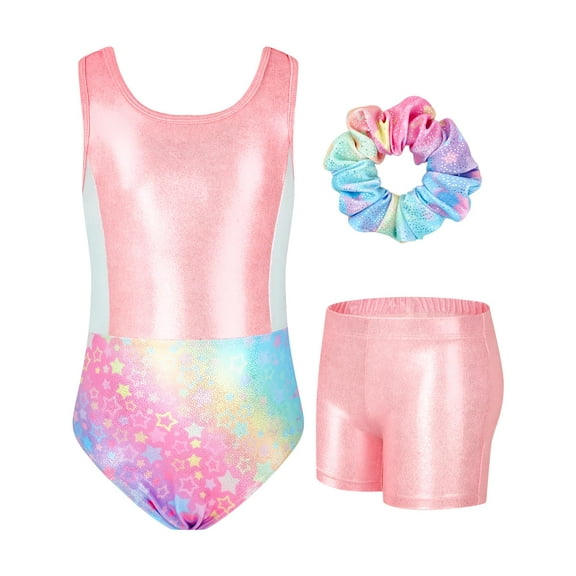 Gymnastics Leotards for Girls with Cross Back,Sparkly Dance Unitards with Shorts Biketards Outfit for 3-12 Years