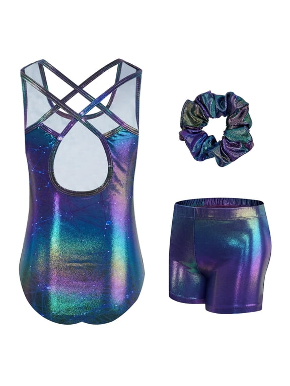Gymnastics Leotards for Girls with Cross Back,Sparkly Dance Leotard Unitards with Shorts and Hair Band Biketards Outfit for 5-10 Years