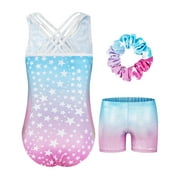 Gymnastics Leotards for Girls with Cross Back,Sparkly Dance Leotard Unitards with Shorts and Hair Band Biketards Outfit for 5-10 Years