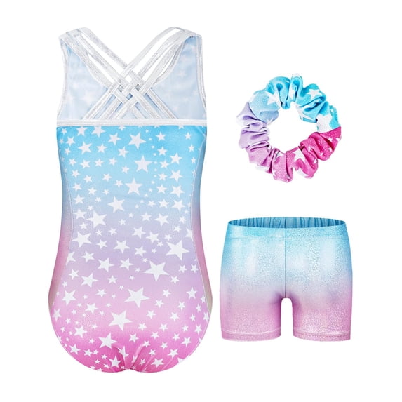 Gymnastics Leotards for Girls with Cross Back,Sparkly Dance Leotard Unitards with Shorts and Hair Band Biketards Outfit for 5-10 Years