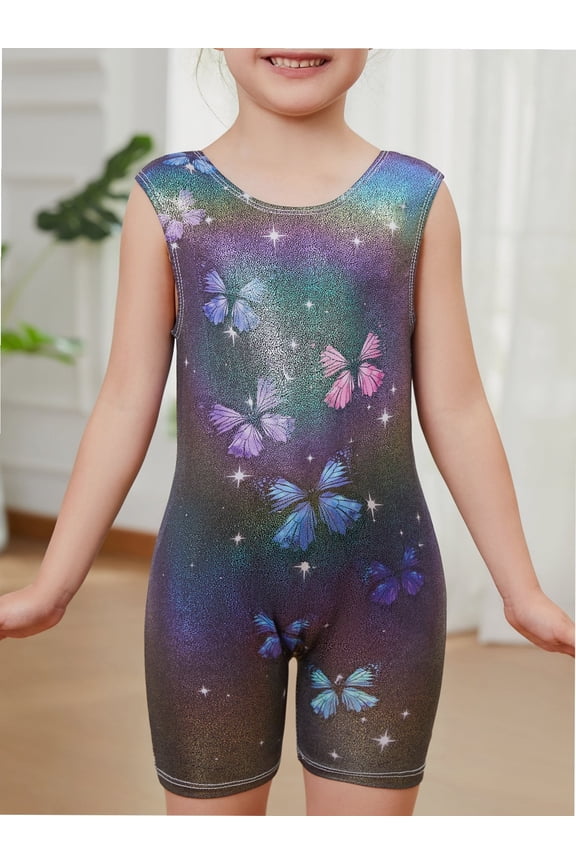 Gymnastics Leotards for Girls with Shorts Fine Butterfly Flicker Luminescence Biketards Dance Tumbling Outfits 2-8 Years Old