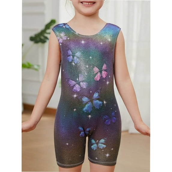 Gymnastics Leotards for Girls with Shorts Fine Butterfly Flicker Luminescence Biketards Dance Tumbling Outfits 2-8 Years Old