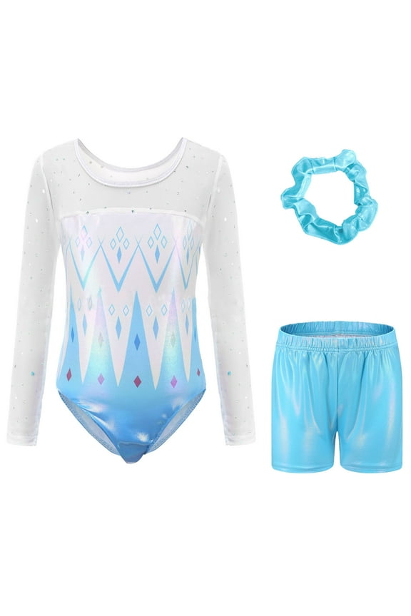 Gymnastics Leotards for Girls with Shorts Sparkly Long Sleeve Ballet Dance Unitards Print 3Pc Athletic Tumbling Outfits, Blue, 5-6Y