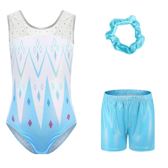 Gymnastics Leotards for Girls with Shorts Sparkly Sleeveless Ballet Dance Unitards Print 3Pc Athletic Tumbling Outfits, Blue, 11-12Y