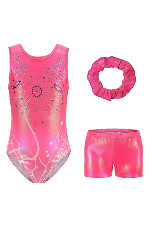 Gymnastics Leotards for Girls with Shorts Sparkly Sleeveless Ballet Dance Unitards Print 3Pc Athletic Tumbling Outfits, Pink, 9-10Y