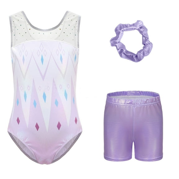 Gymnastics Leotards for Girls with Shorts Sparkly Sleeveless Ballet Dance Unitards Print 3Pc Athletic Tumbling Outfits, Purple, 7-8Y