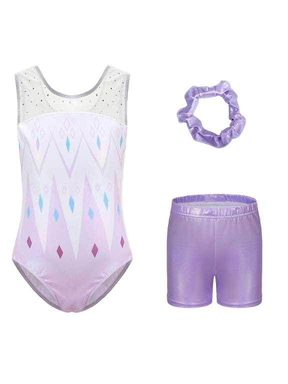 Gymnastics Leotards for Girls with Shorts Sparkly Sleeveless Ballet Dance Unitards Print 3Pc Athletic Tumbling Outfits, Purple, 7-8Y