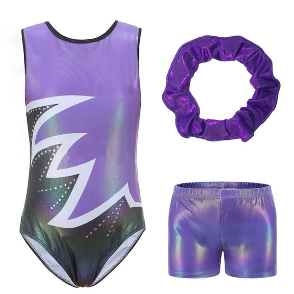 Gymnastics Leotards for Girls with Shorts Sparkly Sleeveless Ballet Dance Unitards Print 3Pc Athletic Tumbling Outfits, Purple, 7-8Y
