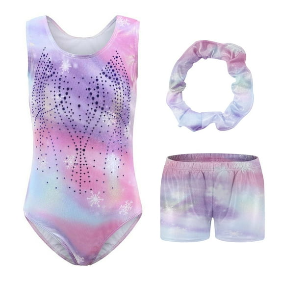 Gymnastics Leotards for Girls with Shorts and Headflower, Snowflake Sleeveless Ballet Dance Leotard One Piece Athletic Bodysuit For Ages 9-10
