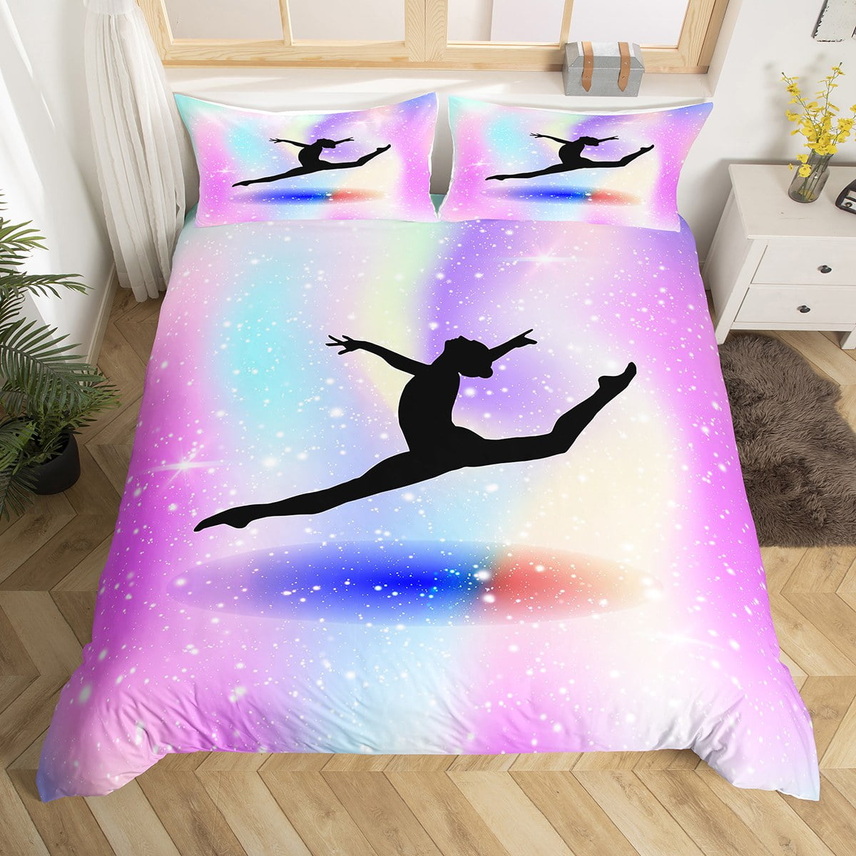 Rainbow Star Gradient Glitter Sheet Set King 4Pcs - Pink Watercolor Bedding For Kids Girls Teens