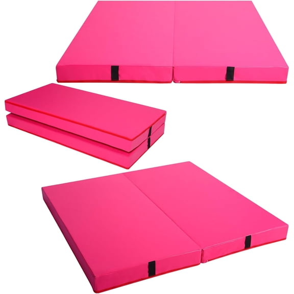 Gymnastics Mat for Kids 4'x4'x4" Foldable Crash Landing Mat Tumbling Mats with Carrying Handles, 2-Panels Fold, 4 inch Thick Exercise Mat for Home Gym Fitness Aerobics Stretching Yoga, Blue/Rose Pink
