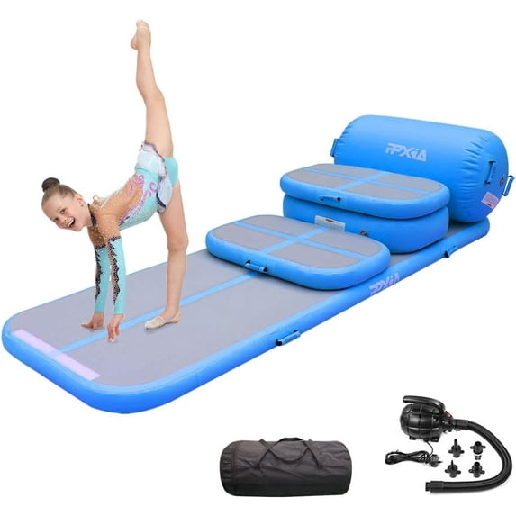 Gymnastics Mat Set 10FT Inflatable Tumbling Mat, 39*24 inch Air Roller Gymnastics Barrel and 3 Air Block with 800W Air Pump for Training Cheerleading Home Use Yoga and Water Use