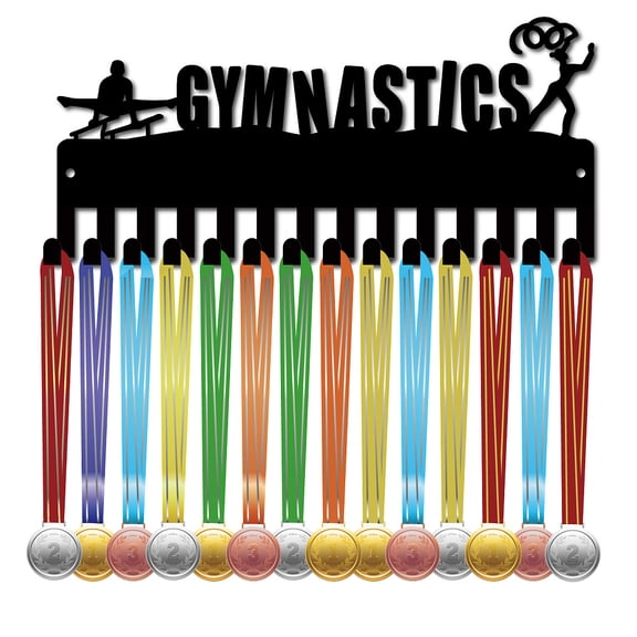 Gymnastics Medal Hanger Display Sports Medal Holder Rack Race Ribbons Organizer Awards Small Black Metal Case Frame with 14 Hooks for Hanging Over