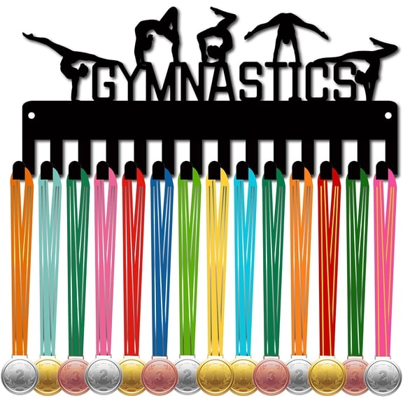 Gymnastics Medal Holder Display Medal Hanger Rack Sports Metal Hanging Awards Iron Small Mount Decor With 14 Hooks Black 11.4 x 5.1 Inch