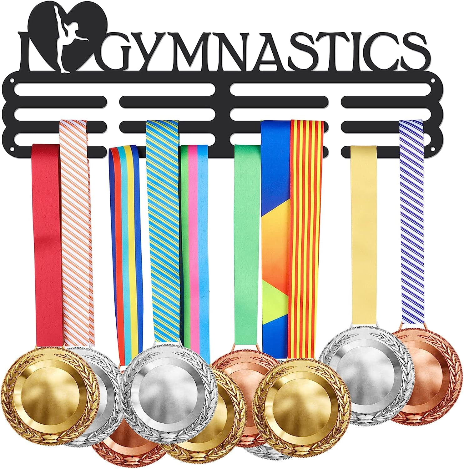 Medal & Ribbon Display Rack For Swimmers - 10-Hook Wall Mount Award Holder, Made In USA, Holds 18 Lbs