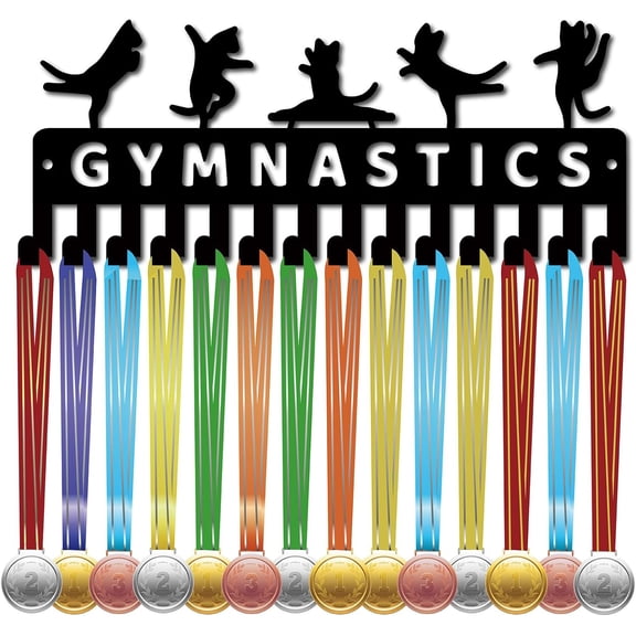 Gymnastics Medal Holder Medal Hanger Display Rack Black Cat Sports Hanging Athlete Awards Iron Small Wall Mount Decor with 14 Hooks for Competition Lanyard Medals Medalist 11.4x4.5Inch diy