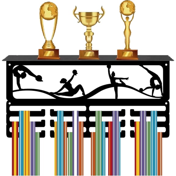 Gymnastics Medal Holder Trophy and Medal Display Shelf Rectangle Black Sports 3 Rows Iron Wall Mount Hold 60+ Medals Stand for DIY Women Gymnastics Running Sports Race Cheer 15.7 x 7.9 Inch