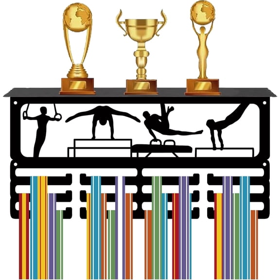 Gymnastics Medal Holder Trophy Shelf Display with 12 Hooks Sports Metal Medal Hanger for DIY Wall Mount Hold 60+ Sports Medals Ribbon Organizer Rack with Shelf for DIY Men Awards Race 15.7x8x4Inch