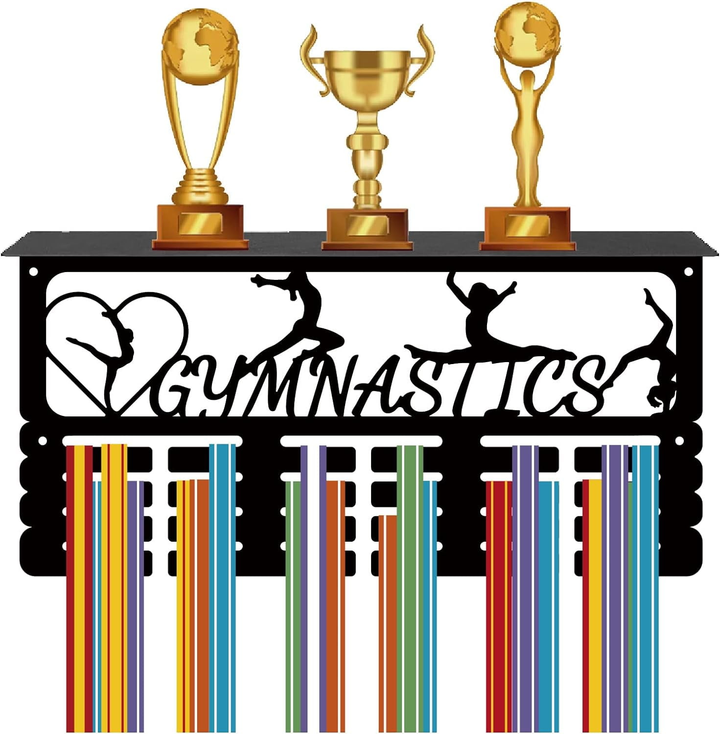 Gymnastics Medal Holder Trophy Shelf Medal Hanger Display with Shelf Stand Sports 4 Rows Wall Mount Hold 70+ Medals for Women Gymnastics Soccer Running Swimming Awards Rack 15.7 x 7.9 InchBlack