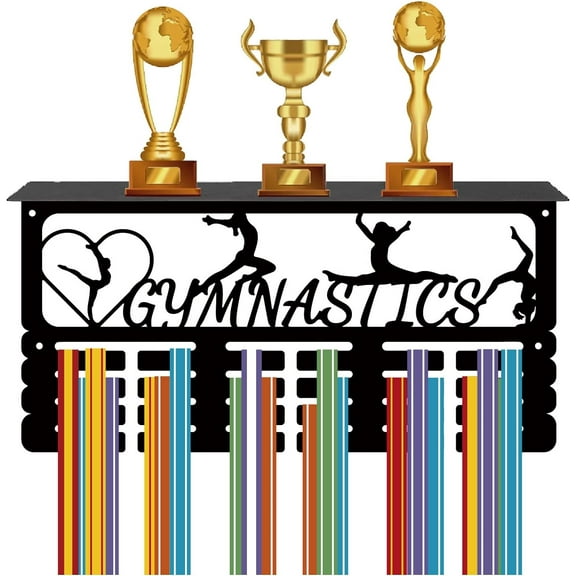 Gymnastics Medal Holder Trophy Shelf Medal Hanger Display with Shelf Stand Sports 4 Rows Wall Mount Hold 70+ Medals for Women Gymnastics Soccer Running Swimming Awards Rack 15.7 x 7.9 InchBlack