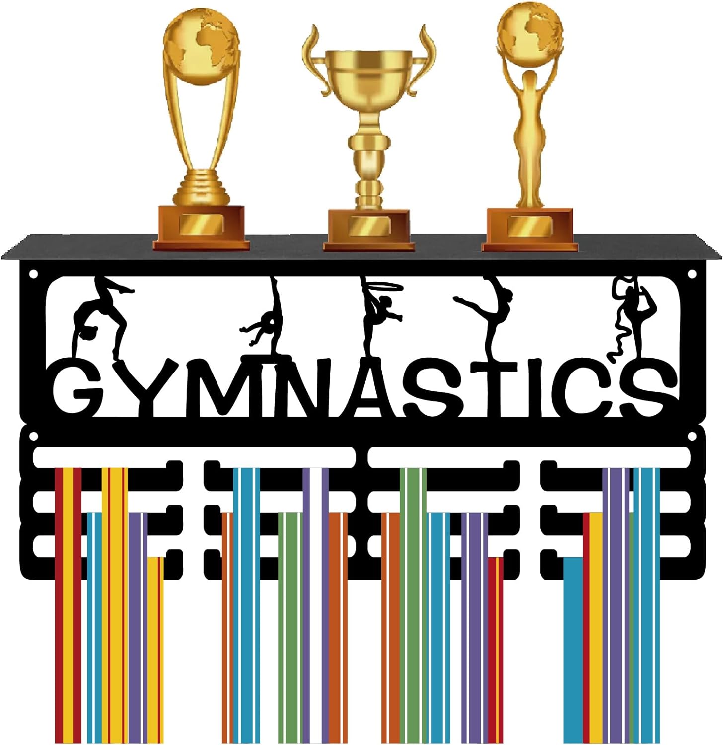 Gymnastics Medal Holder Trophy Shelf Medal Hanger Display with Shelf Stand Sports 4 Rows Wall Mount Hold 70+ Medals for Women Gymnastics Soccer Running Swimming Awards Rack 15.7 x 7.9 Inch DIY Making