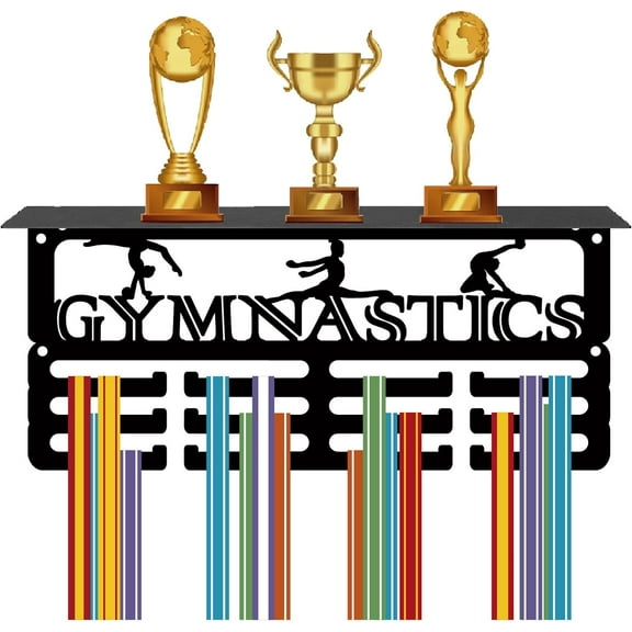 Gymnastics Medal Holder Trophy Shelf Medal Hangers Display with Shelf Stand Small Sports 4 Rows Wall Mount Hold 70+ Medals for Women Men Running Swimming Awards Rack 11.4 x 5.1 Inch(Black) for diy