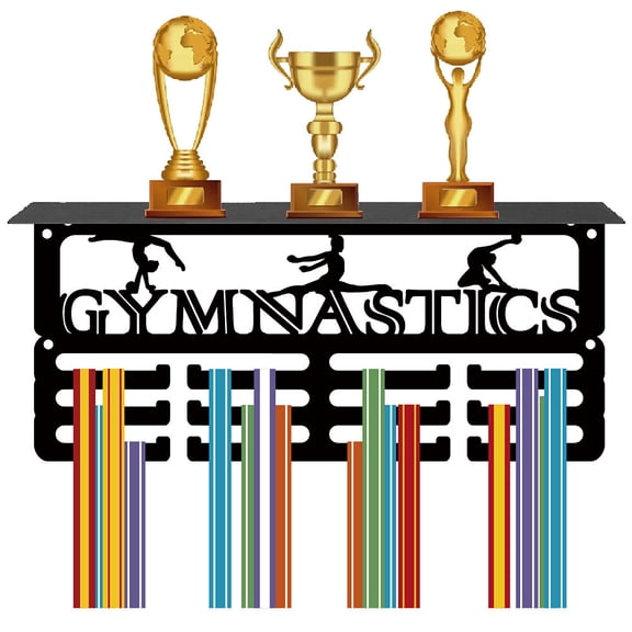 Gymnastics Medal Holder Trophy Shelf Medal Hangers Display with Shelf Stand Small Sports 4 Rows Wall Mount Hold 70+ Medals Women