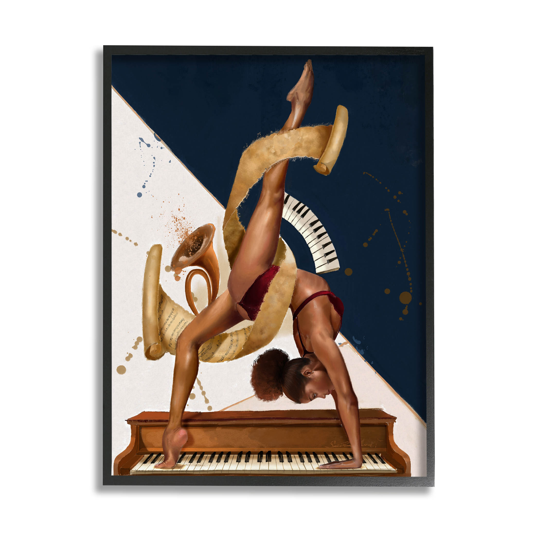 Gymnastics Musician Girl Instruments Abstract Painting Black Framed Art Print Wall Art